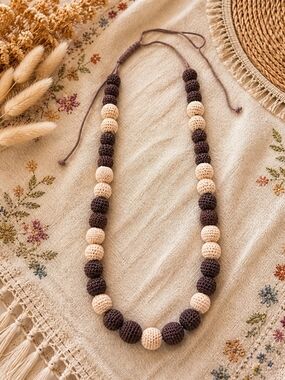 Handmade Boho Crochet Bead Necklace - Cream & Dark Brown